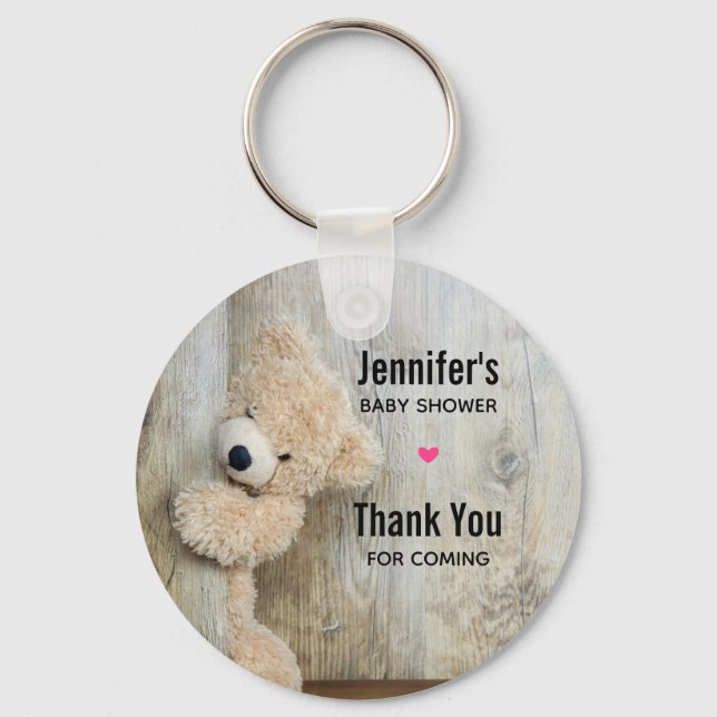 Cute Stuffed Bear Rustic Wooden Wall Baby Shower Key Ring (Front)
