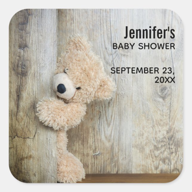 Cute Stuffed Bear Rustic Wooden Wall Baby Shower Square Sticker (Front)
