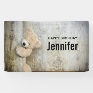 Cute Stuffed Bear Rustic Wooden Wall Birthday Banner