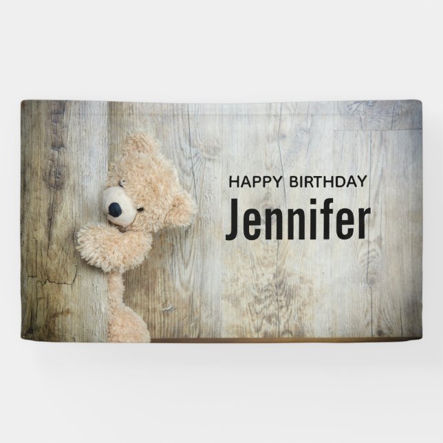 Cute Stuffed Bear Rustic Wooden Wall Birthday Banner (Horizontal)