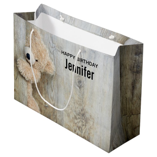 Cute Stuffed Bear Rustic Wooden Wall Birthday Large Gift Bag (Front Angled)