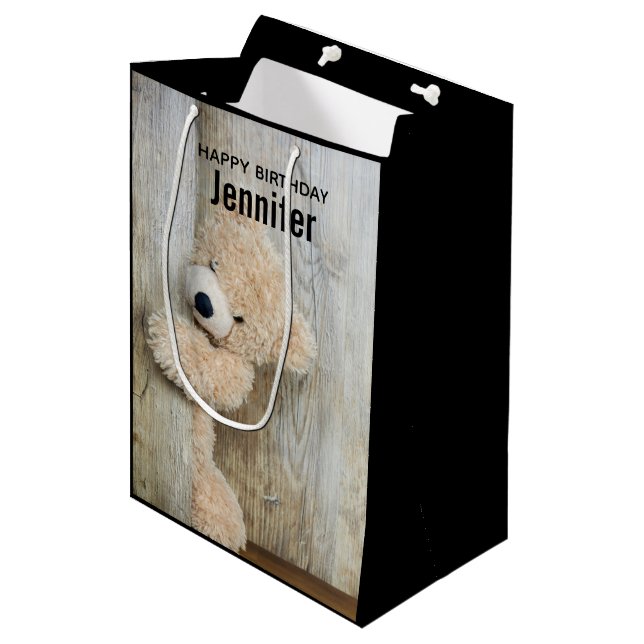 Cute Stuffed Bear Rustic Wooden Wall Birthday Medium Gift Bag (Front Angled)