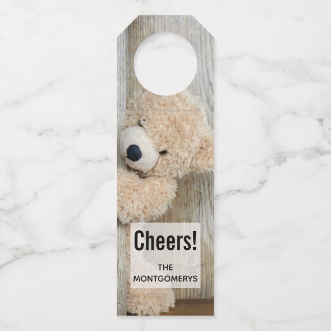 Cute Stuffed Bear Rustic Wooden Wall Bottle Tag (Front)