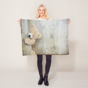 Cute Stuffed Bear Rustic Wooden Wall Fleece Blanket