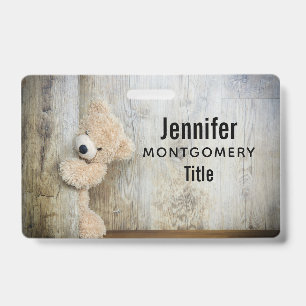Cute Stuffed Bear Rustic Wooden Wall ID Badge