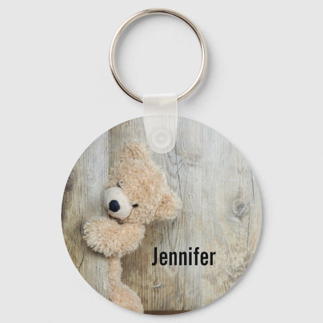 Cute Stuffed Bear Rustic Wooden Wall Key Ring (Front)