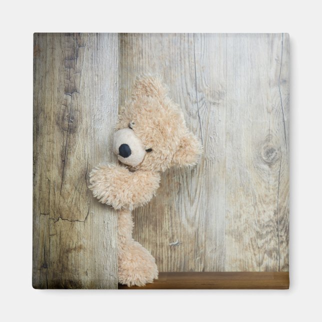 Cute Stuffed Bear Rustic Wooden Wall Magnet (Front)