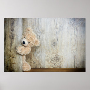 Cute Stuffed Bear Rustic Wooden Wall Poster