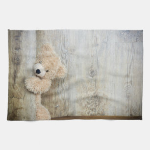 Cute Stuffed Bear Rustic Wooden Wall Tea Towel