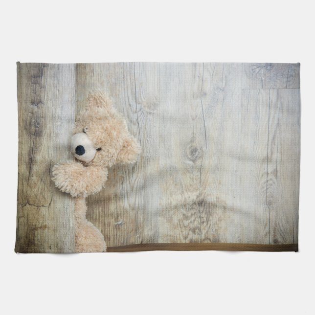Cute Stuffed Bear Rustic Wooden Wall Tea Towel (Horizontal)