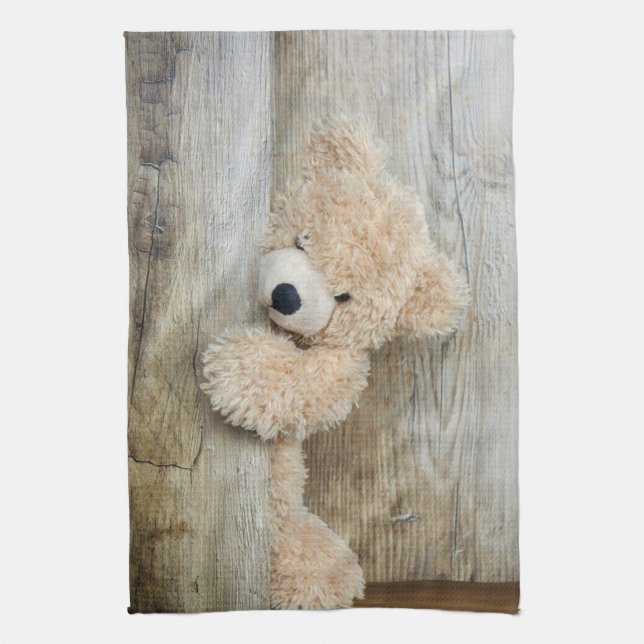 Cute Stuffed Bear Rustic Wooden Wall Tea Towel (Vertical)