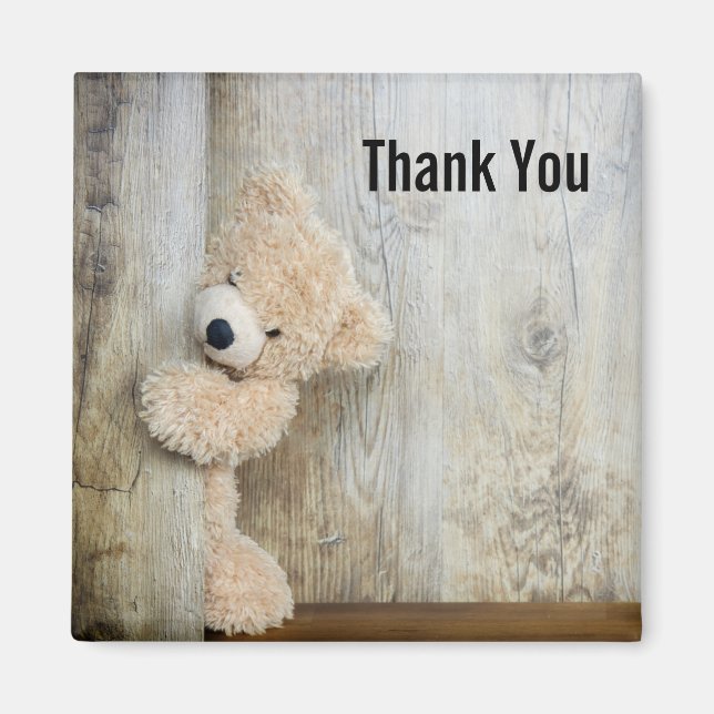 Cute Stuffed Bear Rustic Wooden Wall Thank You Magnet (Front)