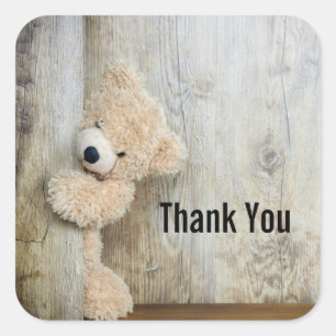 Cute Stuffed Bear Rustic Wooden Wall Thank You Square Sticker