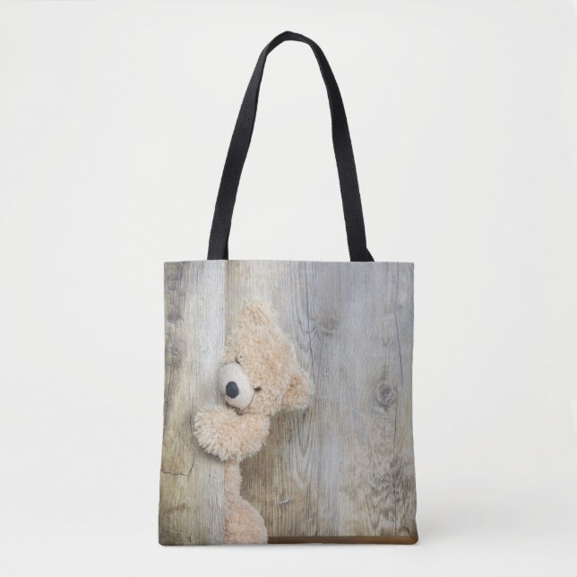 Cute Stuffed Bear Rustic Wooden Wall Tote Bag (Front)