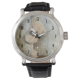 Cute Stuffed Bear Rustic Wooden Wall Watch