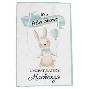 Cute Stuffed Bunny with Teal Balloon Baby Shower Medium Gift Bag