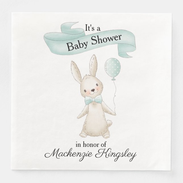 Cute Stuffed Bunny with Teal Balloon Baby Shower Napkin (Front)