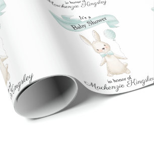 Cute Stuffed Bunny with Teal Balloon Baby Shower Wrapping Paper