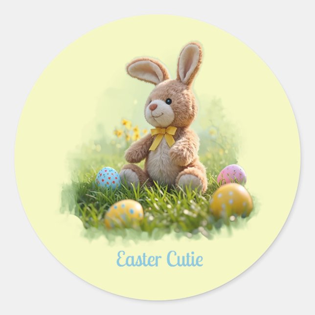 Cute Stuffed Easter Bunny Classic Round Sticker (Front)