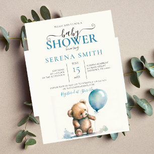 Cute Stuffed Teddy Bear with Blue Balloon BABY  Invitation