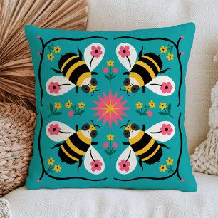Cute Stylised Bumblebees on Blue Floral Folk Art Cushion