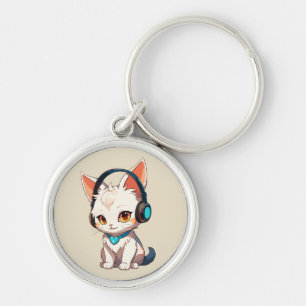Cute Stylish Kitty in Headphones Key Ring