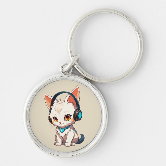 Cute Stylish Kitty in Headphones Key Ring (Front)
