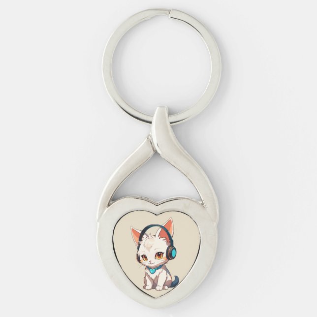 Cute Stylish Kitty in Headphones Key Ring (Front)