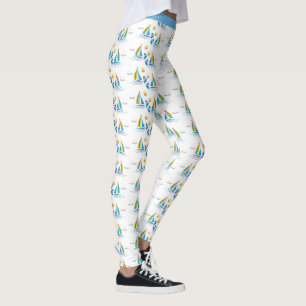 Cute Stylish Nautical Sailboat Blue Sails Yoga Leggings