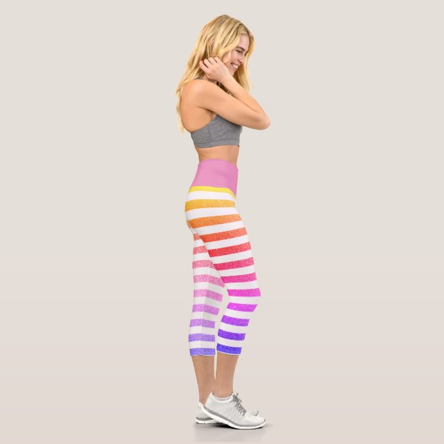 Cute Stylish Neon Pastel Stripe Purple Waist Capri Leggings (Right)