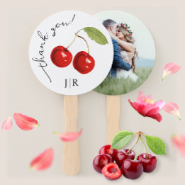 Cute Stylish Red Cherries Photo Thank You Monogram Hand Fan
