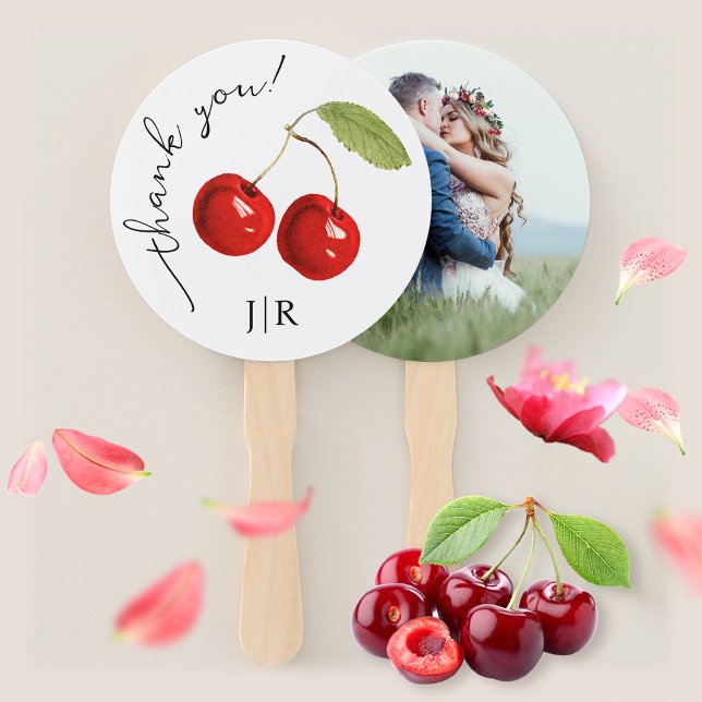 Cute Stylish Red Cherries Photo Thank You Monogram Hand Fan (Creator Uploaded)