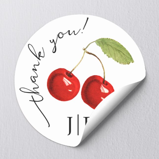 Cute Stylish Red Cherries Thank You Black Monogram Classic Round Sticker (Creator Uploaded)