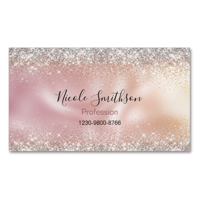 Cute stylish rose gold faux glitter monogram 	Magnetic business card (Front)
