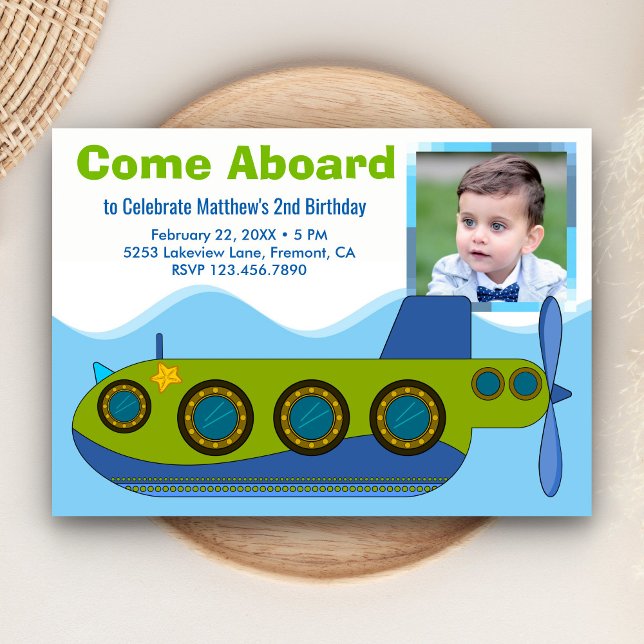 Cute Submarine Boy Photo Birthday Party Invitation (Creator Uploaded)