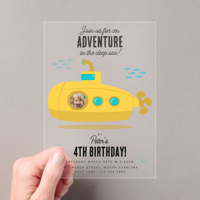 Cute Submarine Deep Sea Birthday Kids Photo Acrylic Invitations (Insitu (Handheld))