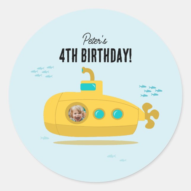 Cute Submarine Deep Sea Birthday Kids Photo Classic Round Sticker (Front)
