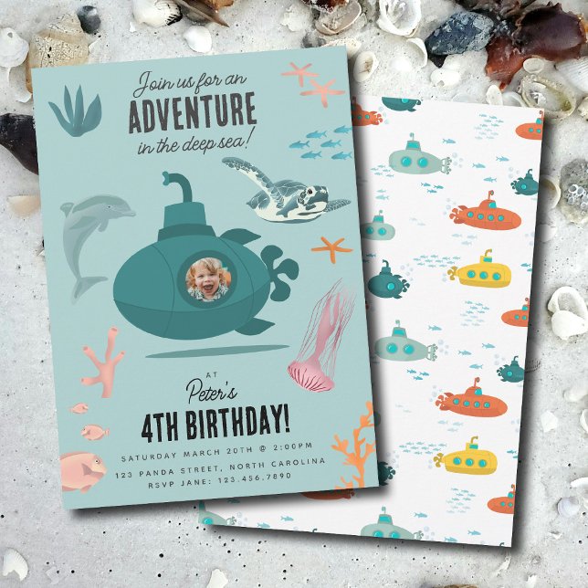 Cute Submarine Deep Sea Birthday Kids Photo Invitation (Cute Submarine Deep Sea Birthday Kids Photo Invitation)