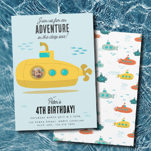 Cute Submarine Deep Sea Birthday Kids Photo Invitation