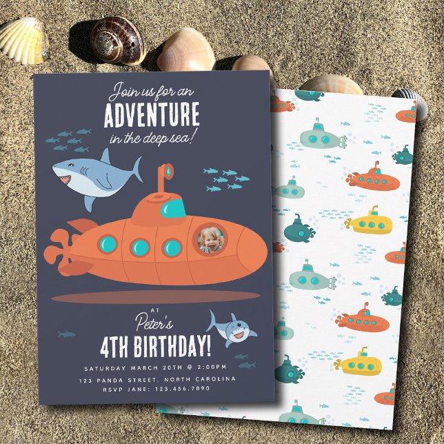 Cute Submarine Deep Sea Birthday Kids Photo Shark Invitation (Cute Submarine Deep Sea Birthday Kids Photo Shark Invitation)