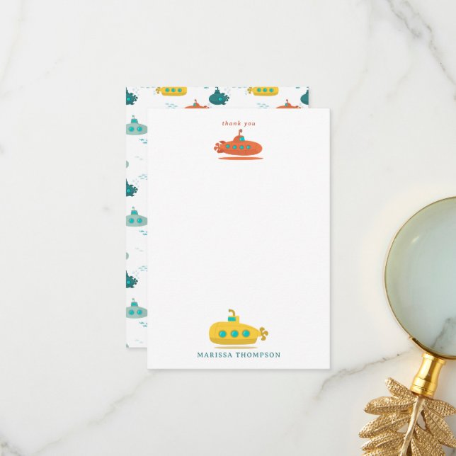 Cute Submarine Nautical Deep Sea Fish Kids Thank You Card (Front/Back In Situ)