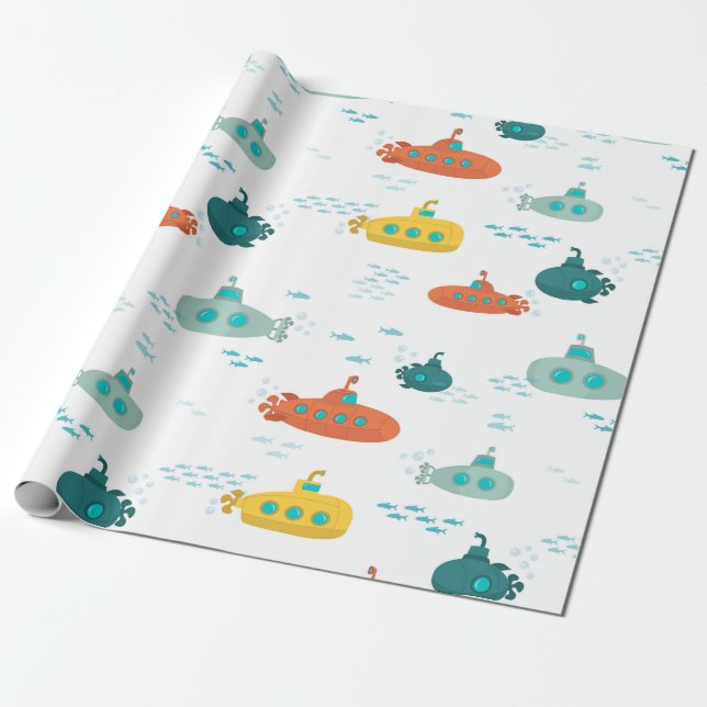 Cute Submarine Nautical Deep Sea Fish Pattern Wrapping Paper (Unrolled)