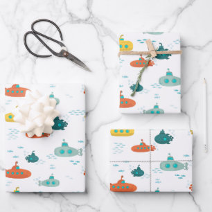 Cute Submarine Nautical Deep Sea Fish Pattern Wrapping Paper Sheet