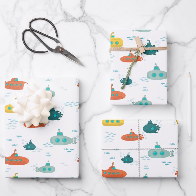 Cute Submarine Nautical Deep Sea Fish Pattern Wrapping Paper Sheet (Front)