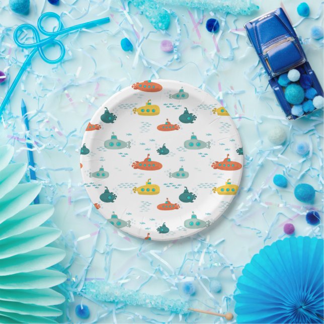 Cute Submarine Nautical Sea Fish Kids Birthday Paper Plate (Party)