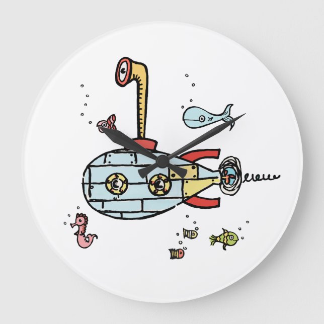 Cute Submarine Nautical Under Water Round  Large Clock (Front)