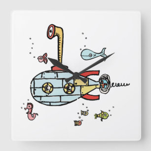 Cute Submarine Nautical Under Water Square Wall Clock