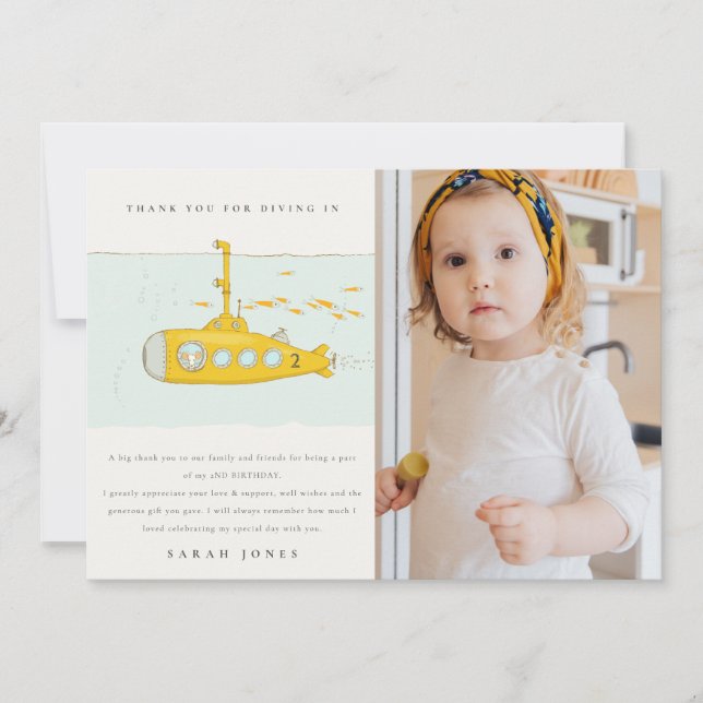 Cute Submarine Photo Yellow Any Age Birthday  Thank You Card (Front)