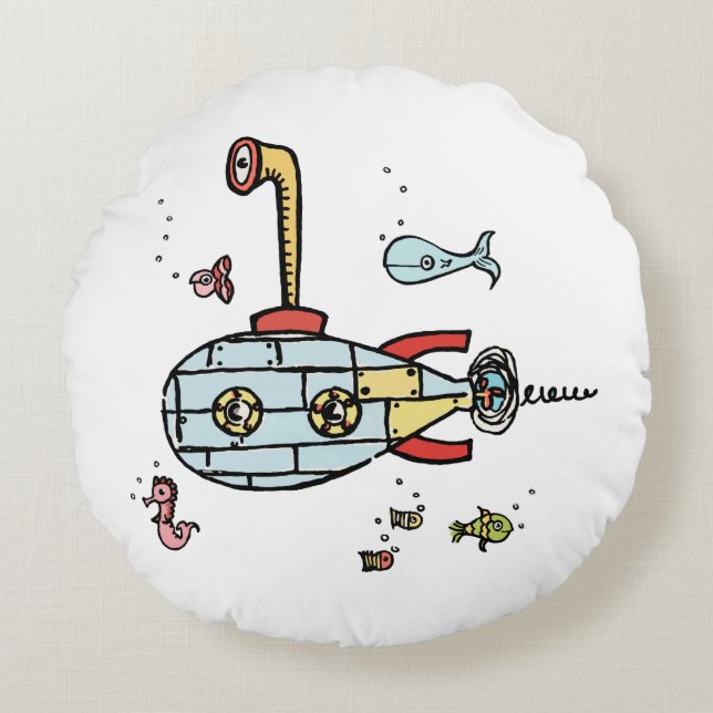 Cute Submarine with Red Back with Spots  Round Cushion (Front)