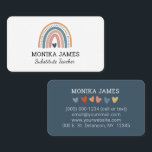 Cute Substitute Teacher Blue Boho Rainbow Business Card<br><div class="desc">Cute teacher business card features a beautiful modern boho rainbow and hearts in blue pink gold colours. Add name and personised with details. This card will be perfect for teachers or substitute teachers.</div>